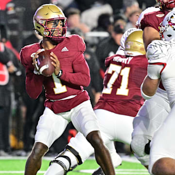 Oct 25, 2024; Chestnut Hill, Massachusetts, USA; Boston College Eagles quarterback Thomas Castellanos (1)  throws a pass against the Louisville Cardinals during the first half at Alumni Stadium. Mandatory Credit: Eric Canha-Imagn Images