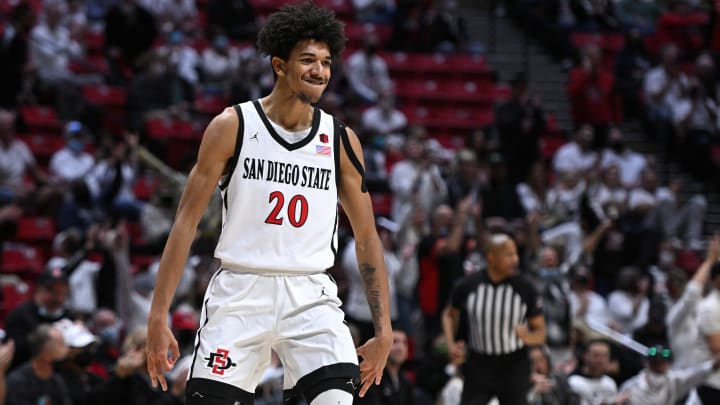 Jan 8, 2022; San Diego, California, USA; San Diego State Aztecs forward Chad Baker (20) celebrates