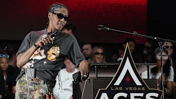 Oct 23, 2023; Las Vegas, NV, USA;  Las Vegas Aces guard Sydney Colson (51) speaks during the Las Vegas Aces championship parade at Toshiba Plaza. 
