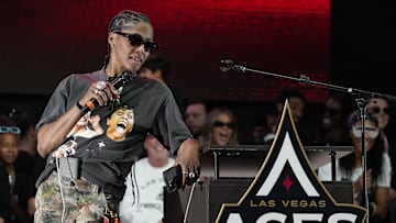 Las Vegas Aces guard Sydney Colson speaks during the Las Vegas Aces championship parade.