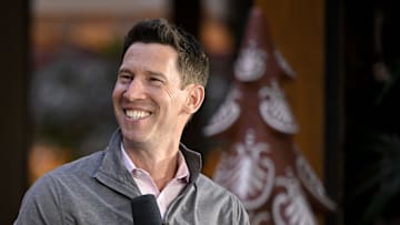 Dec 9, 2024; Dallas, TX, USA; Boston Red Sox chief baseball officer Craig Breslow speaks with the media at the Hilton Anatole during the 2024 MLB Winter Meetings. 