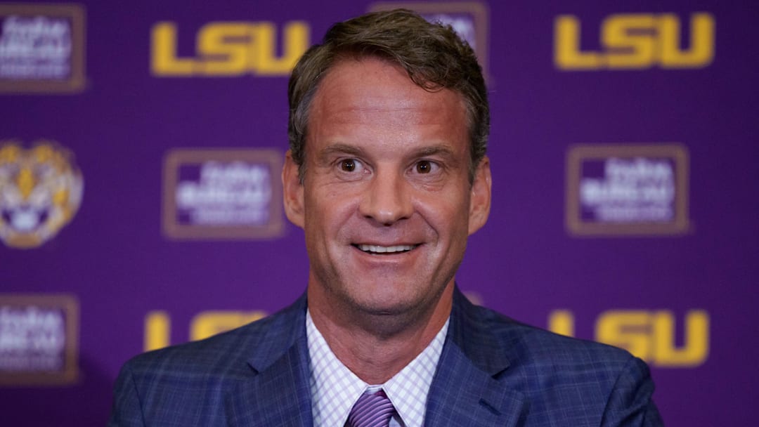 Dec 1, 2025; Baton Rouge, LA, USA; LSU new head coach Lane Kiffin speaks at South Stadium Club at Tiger Stadium. Mandatory Credit: Matthew Hinton-Imagn Images