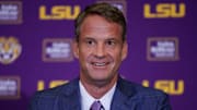 Dec 1, 2025; Baton Rouge, LA, USA; LSU new head coach Lane Kiffin speaks at South Stadium Club at Tiger Stadium. Mandatory Credit: Matthew Hinton-Imagn Images