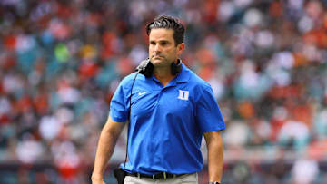 Nov 2, 2024; Miami Gardens, Florida, USA; Duke Blue Devils head coach Manny Diaz watches from the sideline against the Miami Hurricanes during the second quarter at Hard Rock Stadium. Mandatory Credit: Sam Navarro-Imagn Images