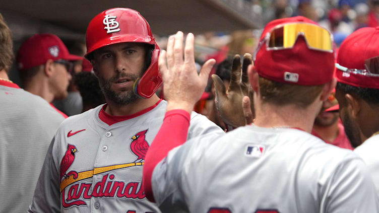 Mar 26, 2024; Mesa, Arizona, USA; St. Louis Cardinals first baseman Paul Goldschmidt (46) celebrates