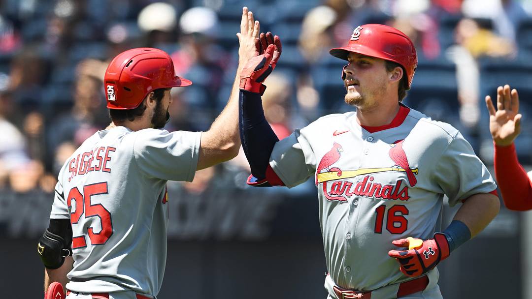 Jun 29, 2025; Cleveland, Ohio, USA; St. Louis Cardinals designated hitter Nolan Gorman (16) celebrates with second baseman Thomas Saggese (25) after hitting a home run during the first inning against the Cleveland Guardians at Progressive Field. Mandatory Credit: Ken Blaze-Imagn Images