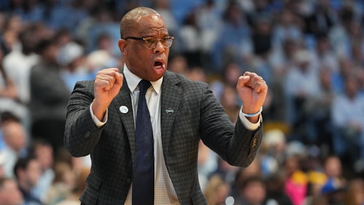 Feb 14, 2026; Chapel Hill, North Carolina, USA; North Carolina Tar Heels head coach Hubert Davis reacts in the first half at Dean E. Smith Center. Mandatory Credit: Bob Donnan-Imagn Images