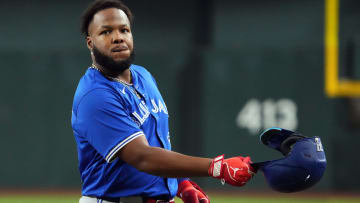 Jul 13, 2024; Phoenix, Arizona, USA; Toronto Blue Jays first base Vladimir Guerrero Jr. (27) reacts after popping out against the Arizona Diamondbacks during the first inning at Chase Field. Mandatory Credit: Joe Camporeale-USA TODAY Sports