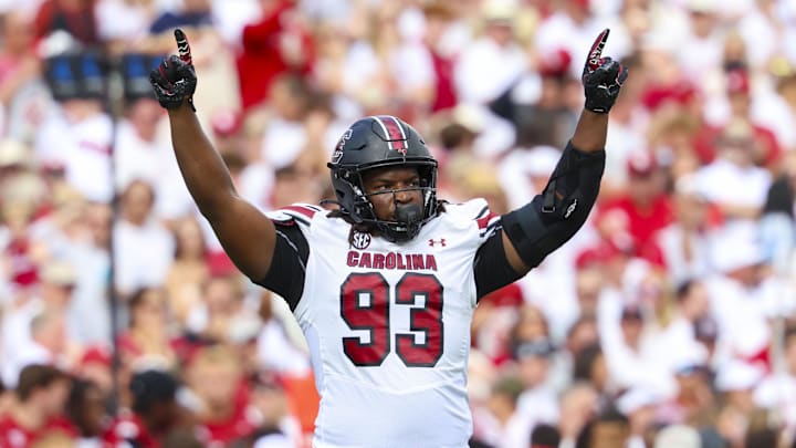 Oct 19, 2024; Norman, Oklahoma, USA;  South Carolina Gamecocks defensive tackle Nick Barrett (93) reacts after a touchdown during the first half against the Oklahoma Sooners at Gaylord Family-Oklahoma Memorial Stadium. Mandatory Credit: Kevin Jairaj-Imagn Images