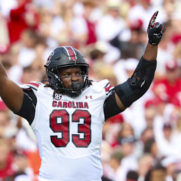 Oct 19, 2024; Norman, Oklahoma, USA;  South Carolina Gamecocks defensive tackle Nick Barrett (93) reacts after a touchdown during the first half against the Oklahoma Sooners at Gaylord Family-Oklahoma Memorial Stadium. Mandatory Credit: Kevin Jairaj-Imagn Images