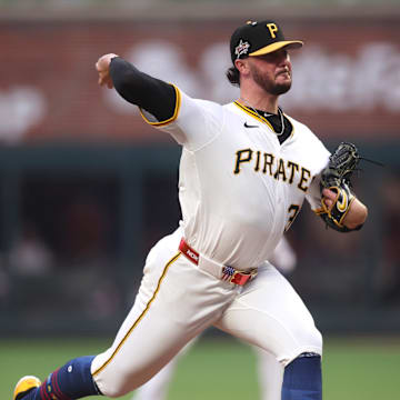Jul 15, 2025; Cumberland, Georgia, USA; National League pitcher Paul Skenes (30) of the Pittsburgh Pirates pitches in the first inning against the American League during the 2025 MLB All Star Game at Truist Park. Mandatory Credit: Brett Davis-Imagn Images