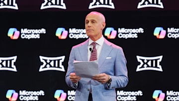 Jul 8, 2025; Frisco, TX, USA; Big 12 Commissioner Brett Yormark addresses the media during the 2025 Big 12 Football Media Days at The Star. Mandatory Credit: Raymond Carlin III-Imagn Images