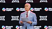 Jul 8, 2025; Frisco, TX, USA; Big 12 Commissioner Brett Yormark addresses the media during the 2025 Big 12 Football Media Days at The Star. Mandatory Credit: Raymond Carlin III-Imagn Images