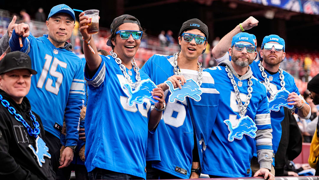 Detroit Lions fans cheer on as they watch warmup ahead of the Washington Commanders game at Northwest Stadium in Landover, Md. on Sunday, November 9, 2025.