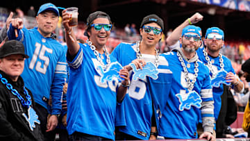 Detroit Lions fans cheer on as they watch warmup ahead of the Washington Commanders game at Northwest Stadium in Landover, Md. on Sunday, November 9, 2025.