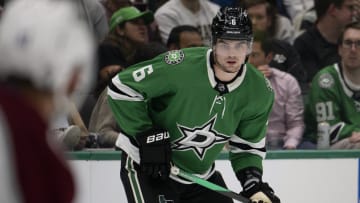 Oct 3, 2023; Dallas, Texas, USA; Dallas Stars defenseman Lian Bichsel (6) waits for the face-off against the Colorado Avalanche in the Avalanche zone during the second period at the American Airlines Center. Mandatory Credit: Jerome Miron-USA TODAY Sports