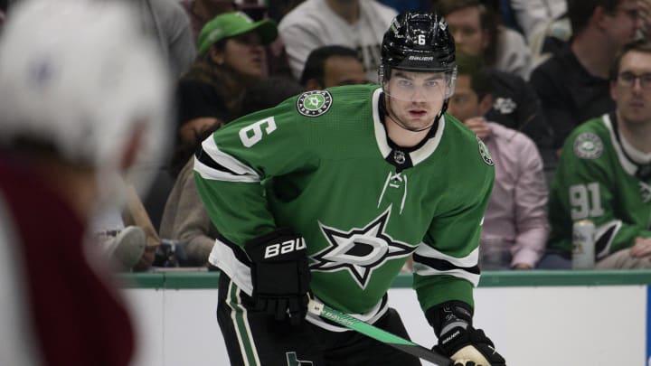 Oct 3, 2023; Dallas, Texas, USA; Dallas Stars defenseman Lian Bichsel (6) waits for the face-off against the Colorado Avalanche in the Avalanche zone during the second period at the American Airlines Center. Mandatory Credit: Jerome Miron-USA TODAY Sports