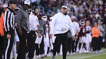 Nov 23, 2024; Starkville, Mississippi, USA; Mississippi State Bulldogs head coach Jeff Lebby reacts on the sideline during the second quarter against the Missouri Tigers at Davis Wade Stadium at Scott Field. Mandatory Credit: Matt Bush-Imagn Images