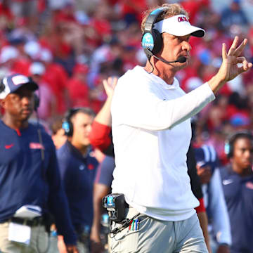Sep 20, 2025; Oxford, Mississippi, USA; Mississippi Rebels head coach Lane Kiffin reacts during the fourth quarter against the Tulane Green Wave at Vaught-Hemingway Stadium. Mandatory Credit: Petre Thomas-Imagn Images