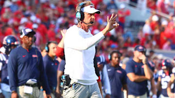Sep 20, 2025; Oxford, Mississippi, USA; Mississippi Rebels head coach Lane Kiffin reacts during the fourth quarter against the Tulane Green Wave at Vaught-Hemingway Stadium. Mandatory Credit: Petre Thomas-Imagn Images