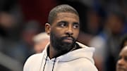 Nov 14, 2025; Dallas, Texas, USA; Dallas Mavericks guard Kyrie Irving looks on during the second half against the LA Clippers in an NBA Cup game at the American Airlines Center. Mandatory Credit: Jerome Miron-Imagn Images
