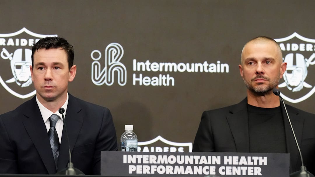 Feb 10, 2026; Henderson, NV, USA;  Las Vegas Raiders coach Klint Kubiak (left) and general manager John Spytek at introductory press conference at Intermountain Health Performance Center. Mandatory Credit: Kirby Lee-Imagn Images