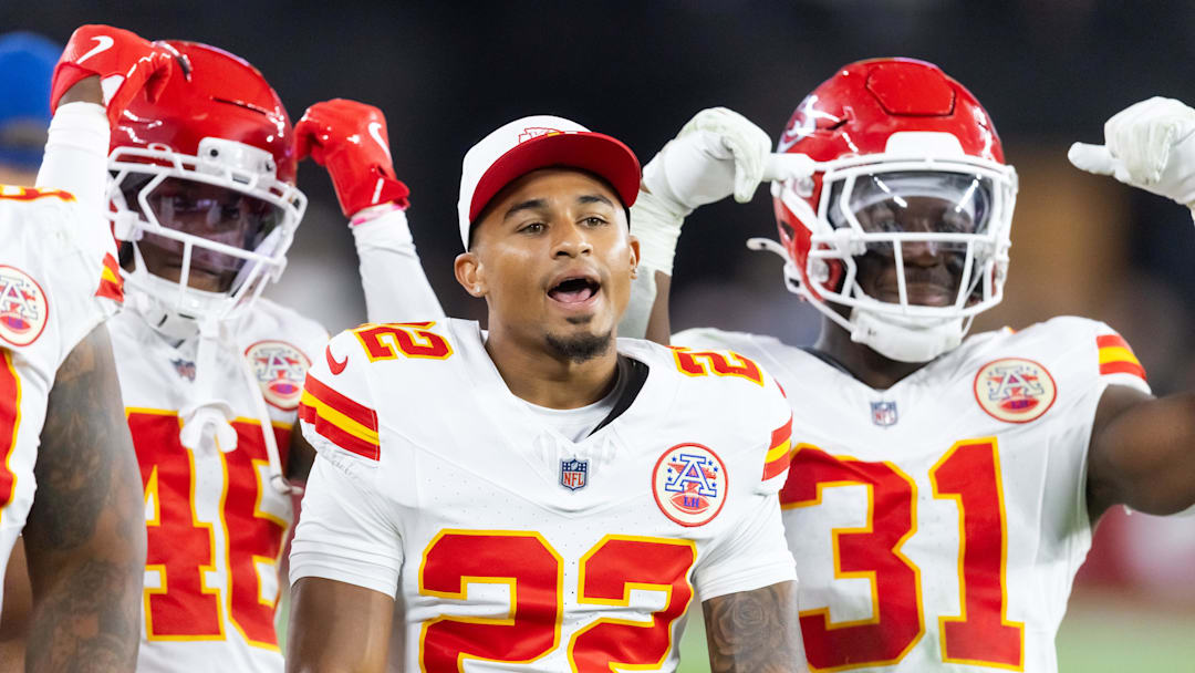 Aug 9, 2025; Glendale, Arizona, USA; Kansas City Chiefs cornerback Trent McDuffie (22) against the Arizona Cardinals during a preseason NFL game at State Farm Stadium. Mandatory Credit: Mark J. Rebilas-Imagn Images