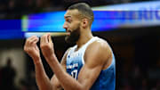 Mar 8, 2024; Cleveland, Ohio, USA;  Minnesota Timberwolves center Rudy Gobert (27) reacts after fouling out during the second half against the Cleveland Cavaliers at Rocket Mortgage FieldHouse. Mandatory Credit: Ken Blaze-Imagn Images