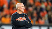 Nov 8, 2025; Corvallis, Oregon, USA; Oregon State Beavers interim head coach Robb Akey on the field during warmups before the game against the Sam Houston Bearkats at Reser Stadium. Mandatory Credit: Craig Strobeck-Imagn Images