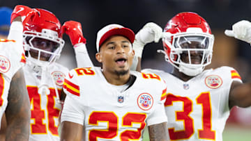Aug 9, 2025; Glendale, Arizona, USA; Kansas City Chiefs cornerback Trent McDuffie (22) against the Arizona Cardinals during a preseason NFL game at State Farm Stadium. Mandatory Credit: Mark J. Rebilas-Imagn Images