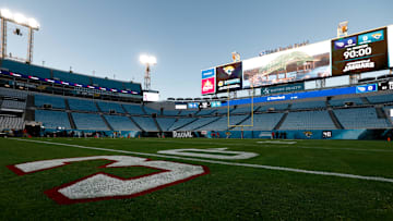 Jan 7, 2023;  Jacksonville, Florida, USA; General view of the Jacksonville Jaguars field painted to pay tribute to Buffalo Bills safety Damar Hamlin (3) prior to the game against the Tennessee Titans at TIAA Bank Field. 