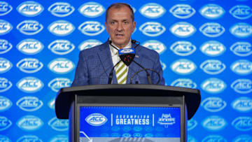 Jul 22, 2025; Charlotte, NC, USA; ACC commissioner Jim Phillips speaks to the media during ACC Media Days at Hilton Charlotte Uptown. Mandatory Credit: Jim Dedmon-Imagn Images