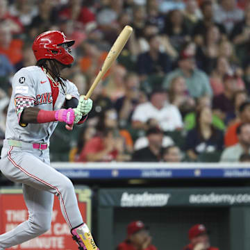 May 10, 2025; Houston, Texas, USA; Cincinnati Reds shortstop Elly De La Cruz (44) hits a home run during the first inning against the Houston Astros at Daikin Park. Mandatory Credit: Troy Taormina-Imagn Images