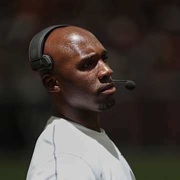 Aug 17, 2024; Houston, Texas, USA; Houston Texans head coach DeMeco Ryans watches play against the New York Giants in the third quarter at NRG Stadium. Mandatory Credit: Thomas Shea-Imagn Images