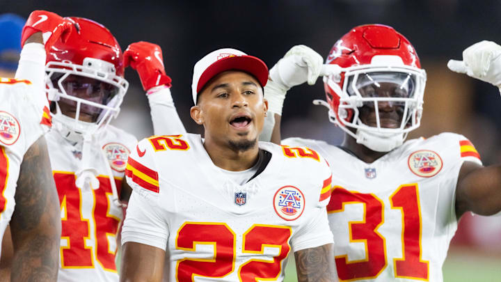 Aug 9, 2025; Glendale, Arizona, USA; Kansas City Chiefs cornerback Trent McDuffie (22) against the Arizona Cardinals during a preseason NFL game at State Farm Stadium. Mandatory Credit: Mark J. Rebilas-Imagn Images