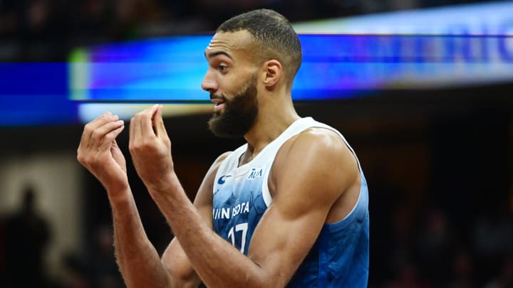 Mar 8, 2024; Cleveland, Ohio, USA;  Minnesota Timberwolves center Rudy Gobert (27) reacts after