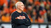 Nov 8, 2025; Corvallis, Oregon, USA; Oregon State Beavers interim head coach Robb Akey on the field during warmups before the game against the Sam Houston Bearkats at Reser Stadium. Mandatory Credit: Craig Strobeck-Imagn Images