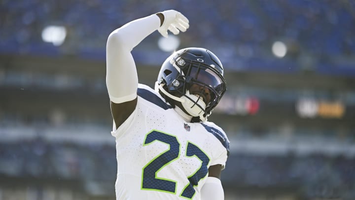 Nov 5, 2023; Baltimore, Maryland, USA;  Seattle Seahawks cornerback Riq Woolen (27) reacts before the game against the Baltimore Ravens at M&T Bank Stadium.