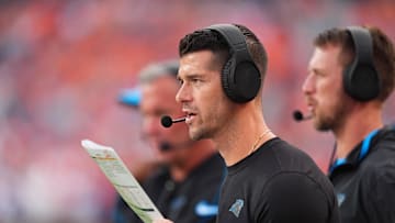 Oct 27, 2024; Denver, Colorado, USA; Carolina Panthers head coach Dave Canales during the second half against the Denver Broncos at Empower Field at Mile High. Mandatory Credit: Ron Chenoy-Imagn Images