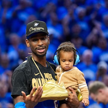 Jun 22, 2025; Oklahoma City, Oklahoma, USA; Oklahoma City Thunder guard Shai Gilgeous-Alexander (2) after winning game seven of the 2025 NBA Finals against the Indiana Pacers at Paycom Center. Mandatory Credit: Kyle Terada-Imagn Images