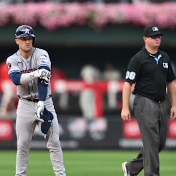 Aug 28, 2024; Philadelphia, Pennsylvania, USA; Houston Astros infielder Alex Bregman (2) looks on after hitting a double against the Philadelphia Phillies in the fourth inning at Citizens Bank Park.