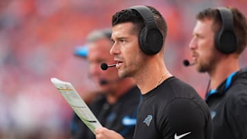 Oct 27, 2024; Denver, Colorado, USA; Carolina Panthers head coach Dave Canales during the second half against the Denver Broncos at Empower Field at Mile High. Mandatory Credit: Ron Chenoy-Imagn Images