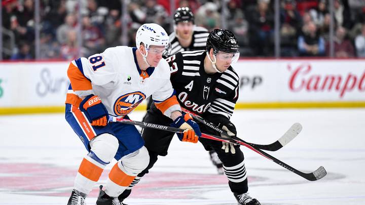 Feb 5, 2026; Newark, New Jersey, USA; New York Islanders left wing Ondrej Palat (81) and New Jersey Devils left wing Jesper Bratt (63) watch the puck during a face off in the second period at Prudential Center. Mandatory Credit: John Jones-Imagn Images Feb 5, 2026; Newark, New Jersey, USA; New York Islanders left wing Ondrej Palat (81) and New Jersey Devils left wing Jesper Bratt (63) watch the puck during a face off in the second period at Prudential Center. Mandatory Credit: John Jones-Imagn Images