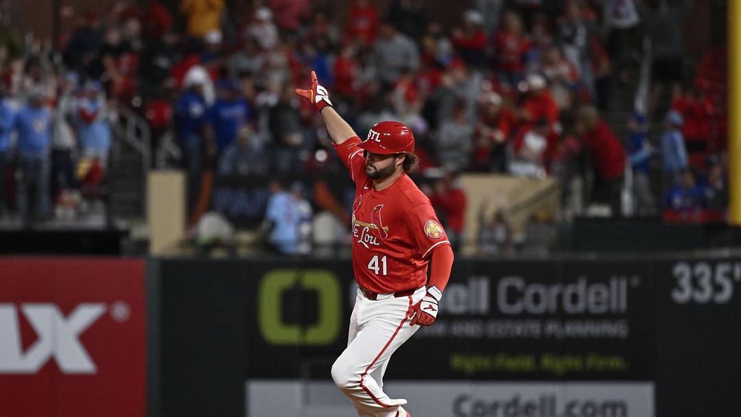 May 1, 2026; St. Louis, Missouri, USA; St. Louis Cardinals first baseman Alec Burleson (41) rounds the bases after hitting a solo home run against the Los Angeles Dodgers in the third inning at Busch Stadium. Mandatory Credit: Joe Puetz-Imagn Images
