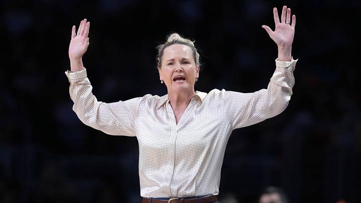 Jun 5, 2026; Los Angeles, California, USA; LA Sparks head coach Lynne Roberts reacts against the Dallas Wings in the second half at Crypto.com Arena. Mandatory Credit: Kirby Lee-Imagn Images