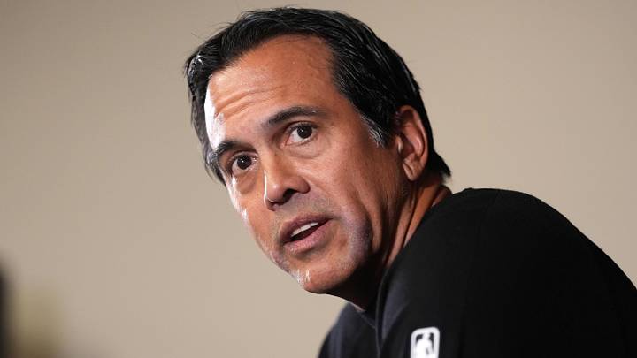 Miami Heat head coach Erik Spoelstra at press conference (Mandatory Credit: Kirby Lee-Imagn Images)