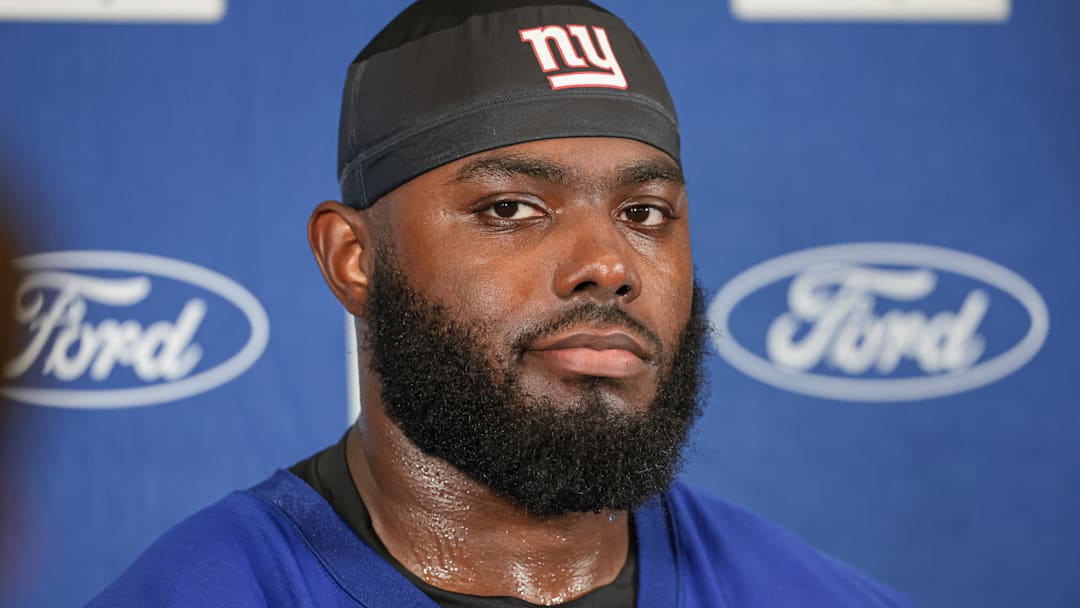 Jul 24, 2024; East Rutherford, NJ, USA; New York Giants offensive tackle Andrew Thomas (78) talks with media during training camp at Quest Diagnostics Training Facility. Mandatory Credit: Vincent Carchietta-Imagn Images