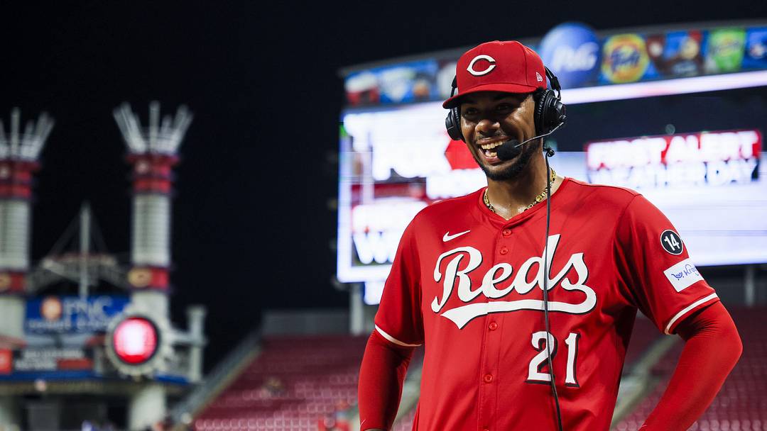 Sep 18, 2025; Cincinnati, Ohio, USA; Cincinnati Reds starting pitcher Hunter Greene (21) talks during a post game interview after the victory over the Chicago Cubs at Great American Ball Park. Mandatory Credit: Katie Stratman-Imagn Images