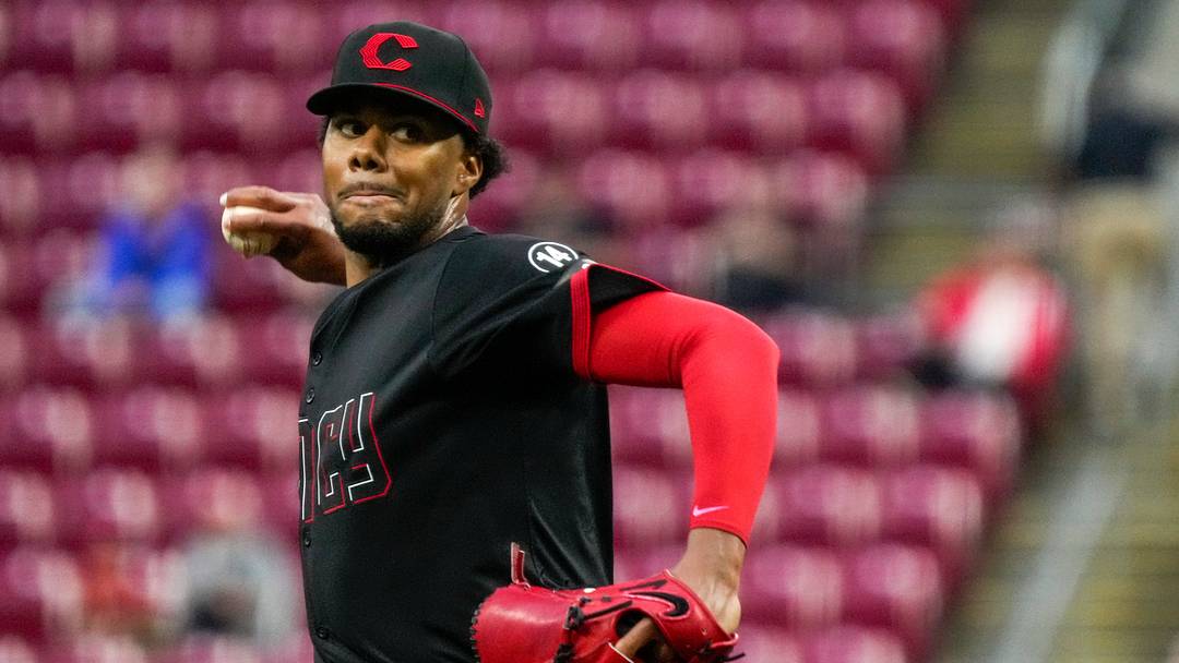 Cincinnati Reds pitcher Hunter Greene (21) throws a pitch in the first inning of the MLB National League game between the Cincinnati Reds and the Washington Nationals at Great American Ball Park in downtown Cincinnati on Friday, May 2, 2025.