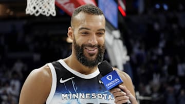 Apr 11, 2025; Minneapolis, Minnesota, USA; Minnesota Timberwolves center Rudy Gobert (27) smiles during an interview after the game against the Brooklyn Nets at Target Center. Mandatory Credit: Bruce Kluckhohn-Imagn Images